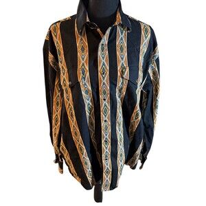 Men's Large‎ Western Shirt Wrangler Black and Brown Vintage Pearl Snap
